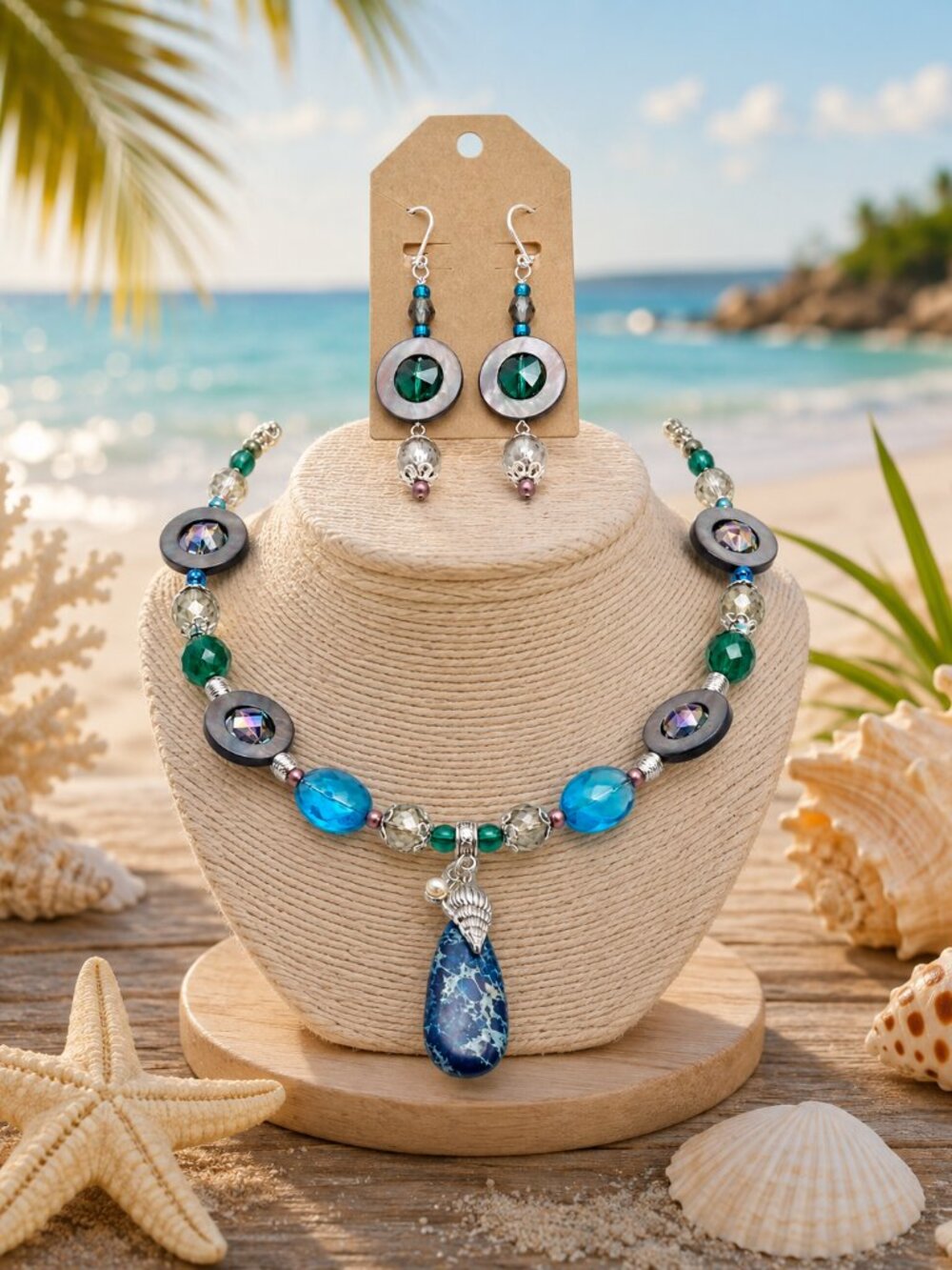 Abalone Beaded Choker Necklace & Earrings Set Seashell Freshwater Pearls Jewelry